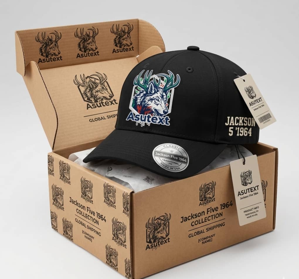 Open Asutext apparel carton containing branded caps