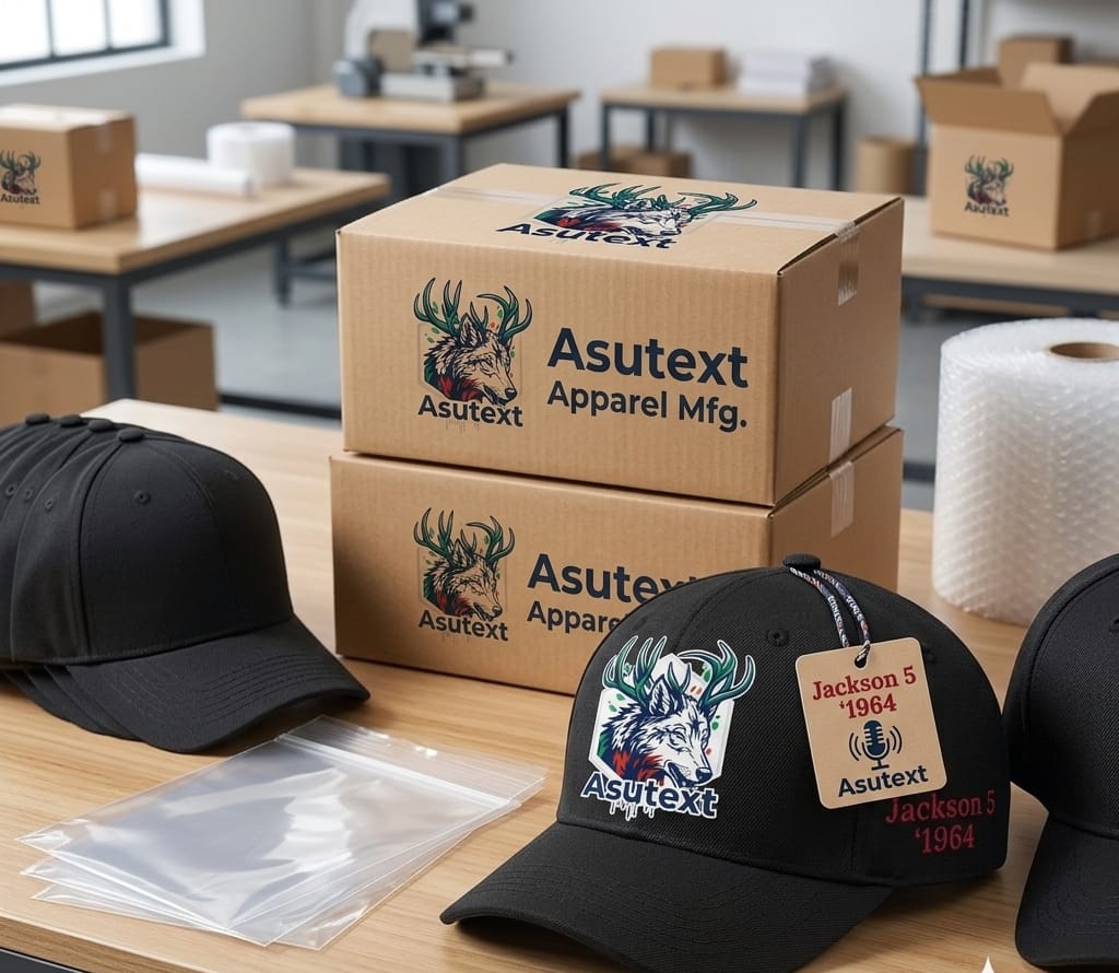Stack of packaged snapbacks inside boxes