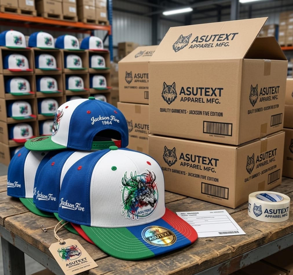Asutext apparel snapback caps neatly stacked in boxes in warehouse