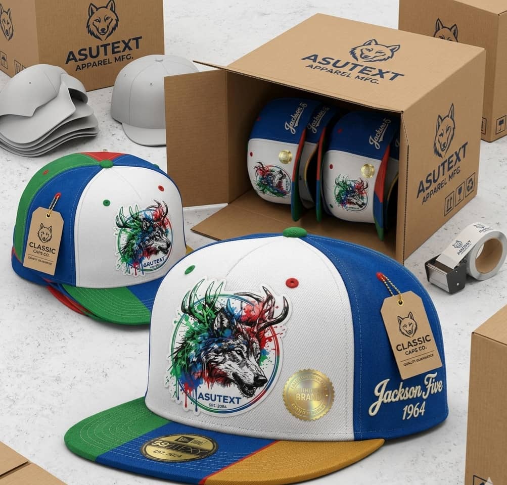 Multiple designs of custom embroidered caps on table