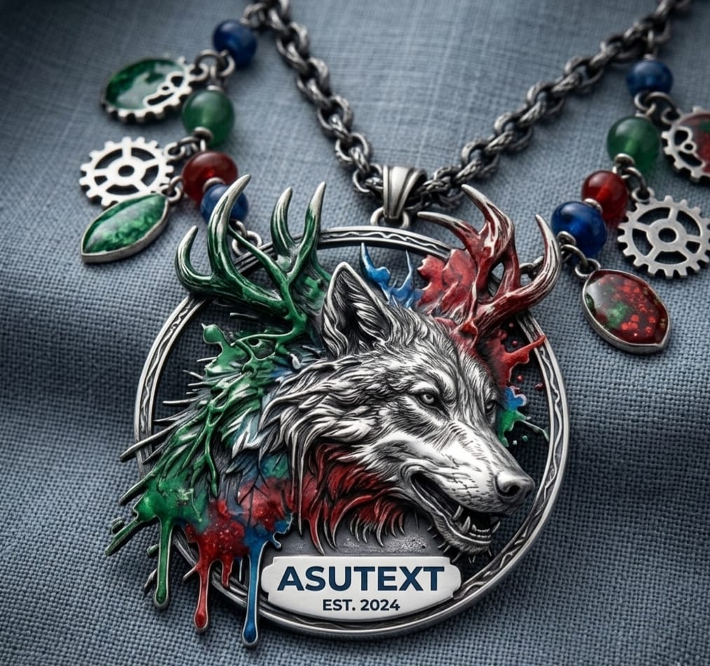 Silver necklace pendant with the ASUTEXT wolf emblem