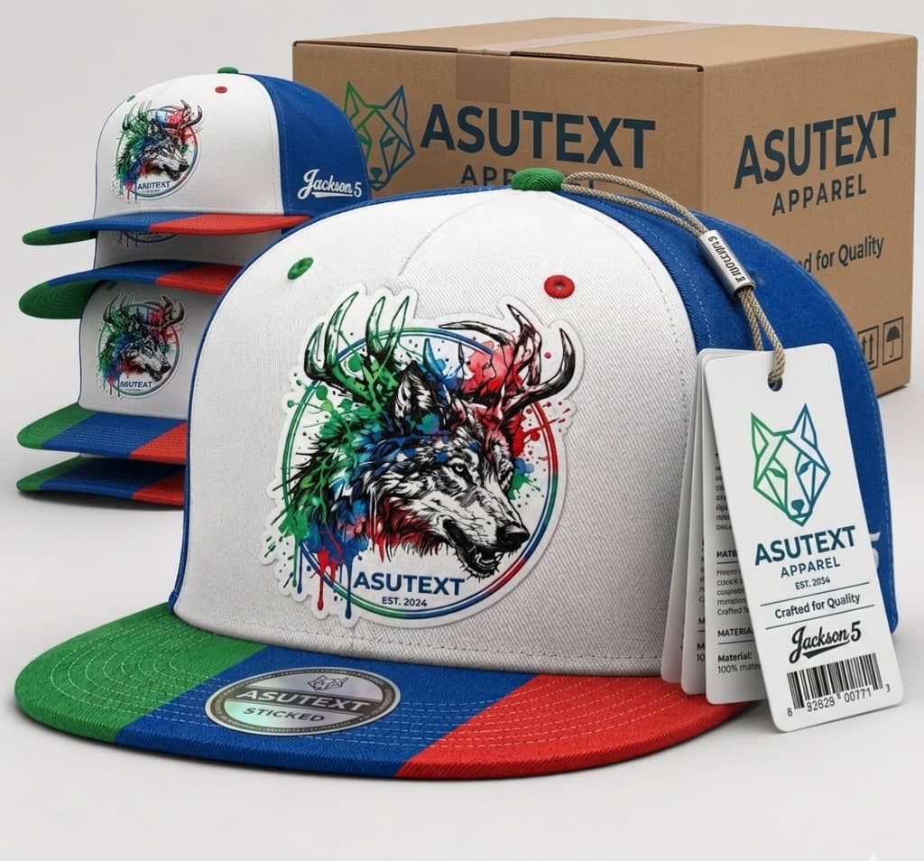 ASUTEXT Apparel MFG box with custom branded snapback caps