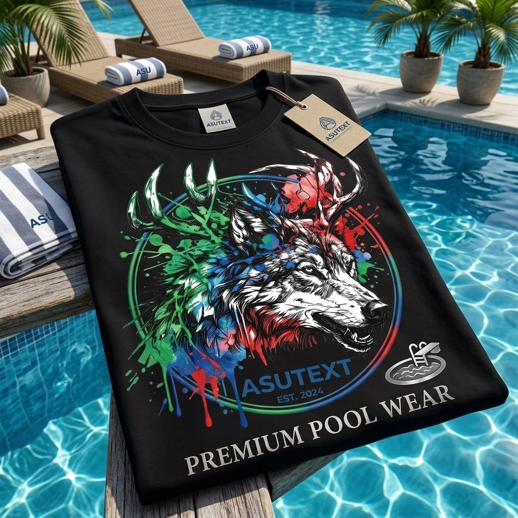 Premium Pool Wear T-shirt with Asutext wolf logo next to swimming pool