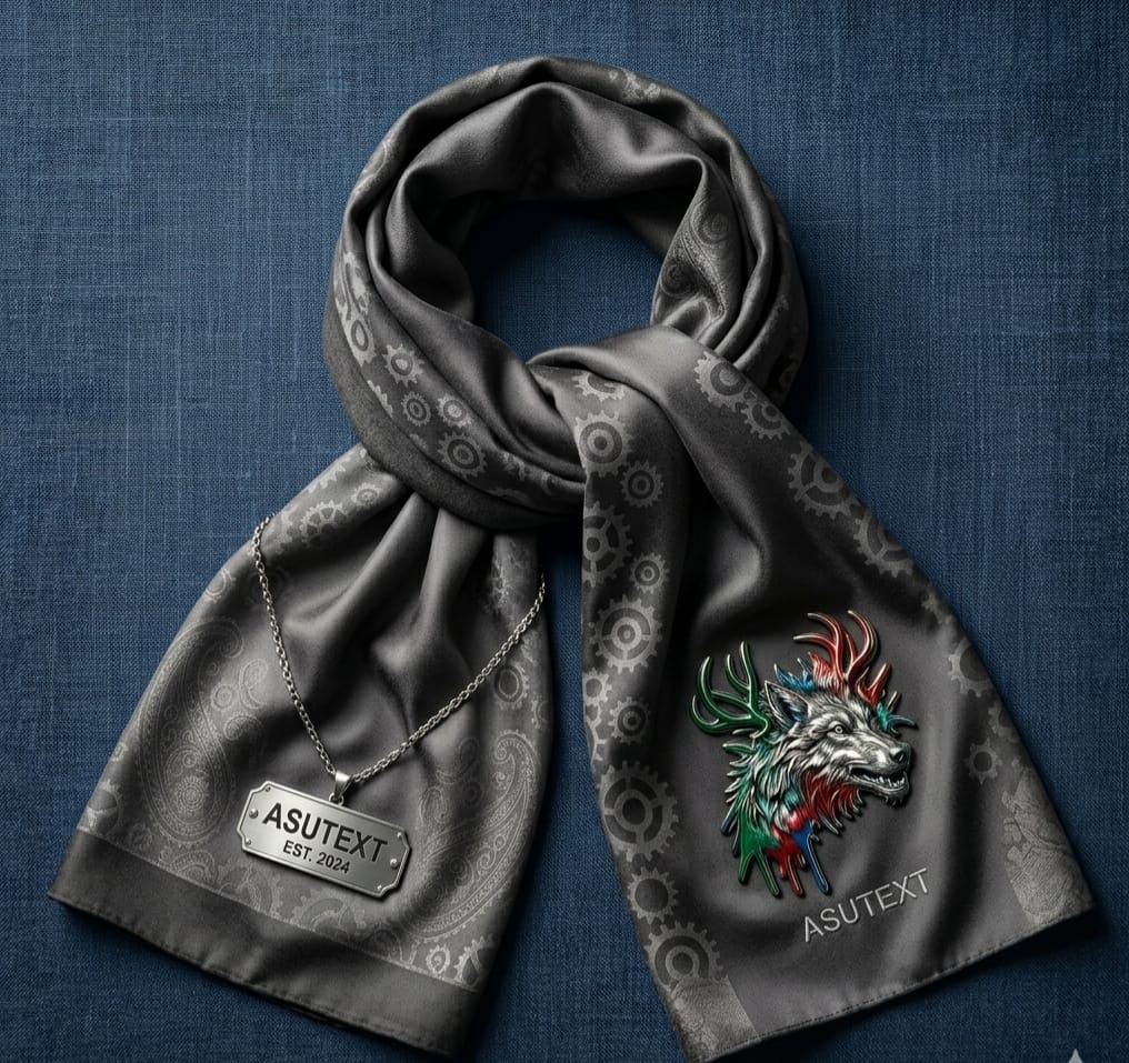 Grey scarf with ASUTEXT wolf logo embroidery and brand tag