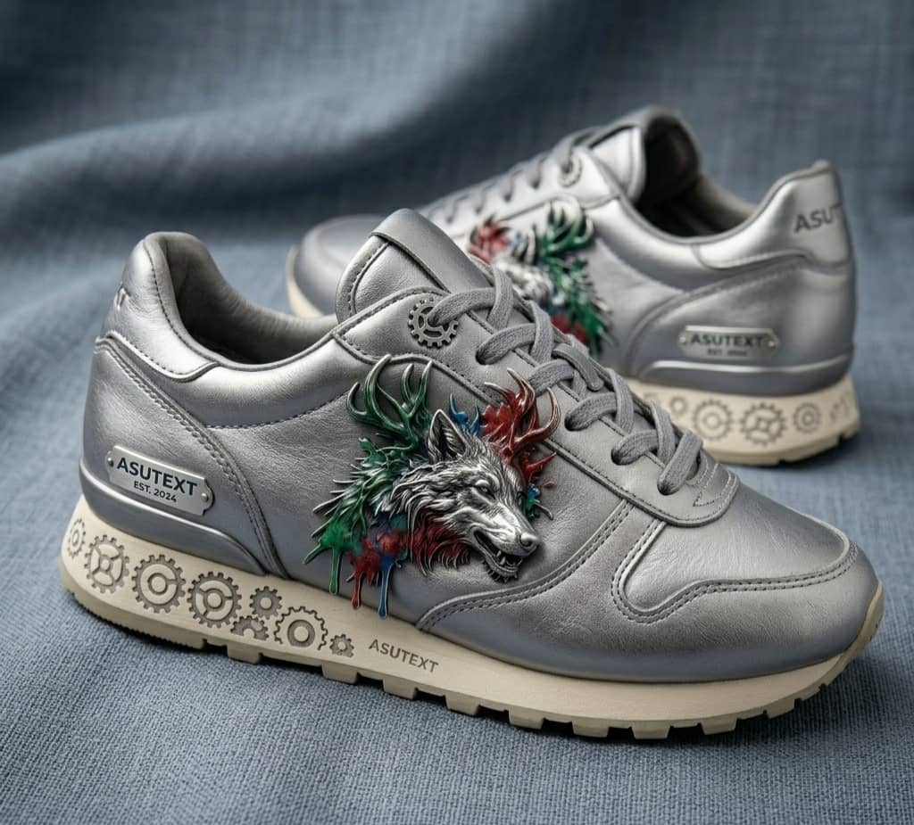 Silver sneakers with embossed wolf logo and custom soles