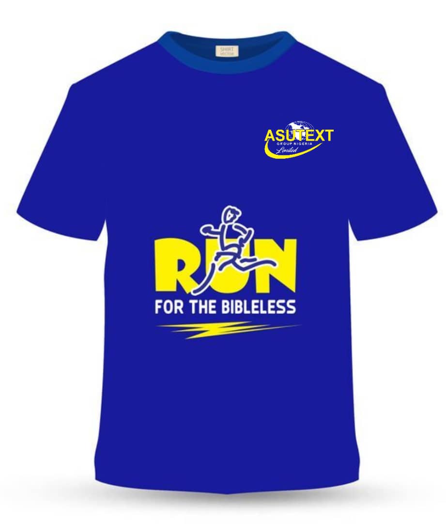 Blue sports T-shirt printed for Run for the Bibleless event