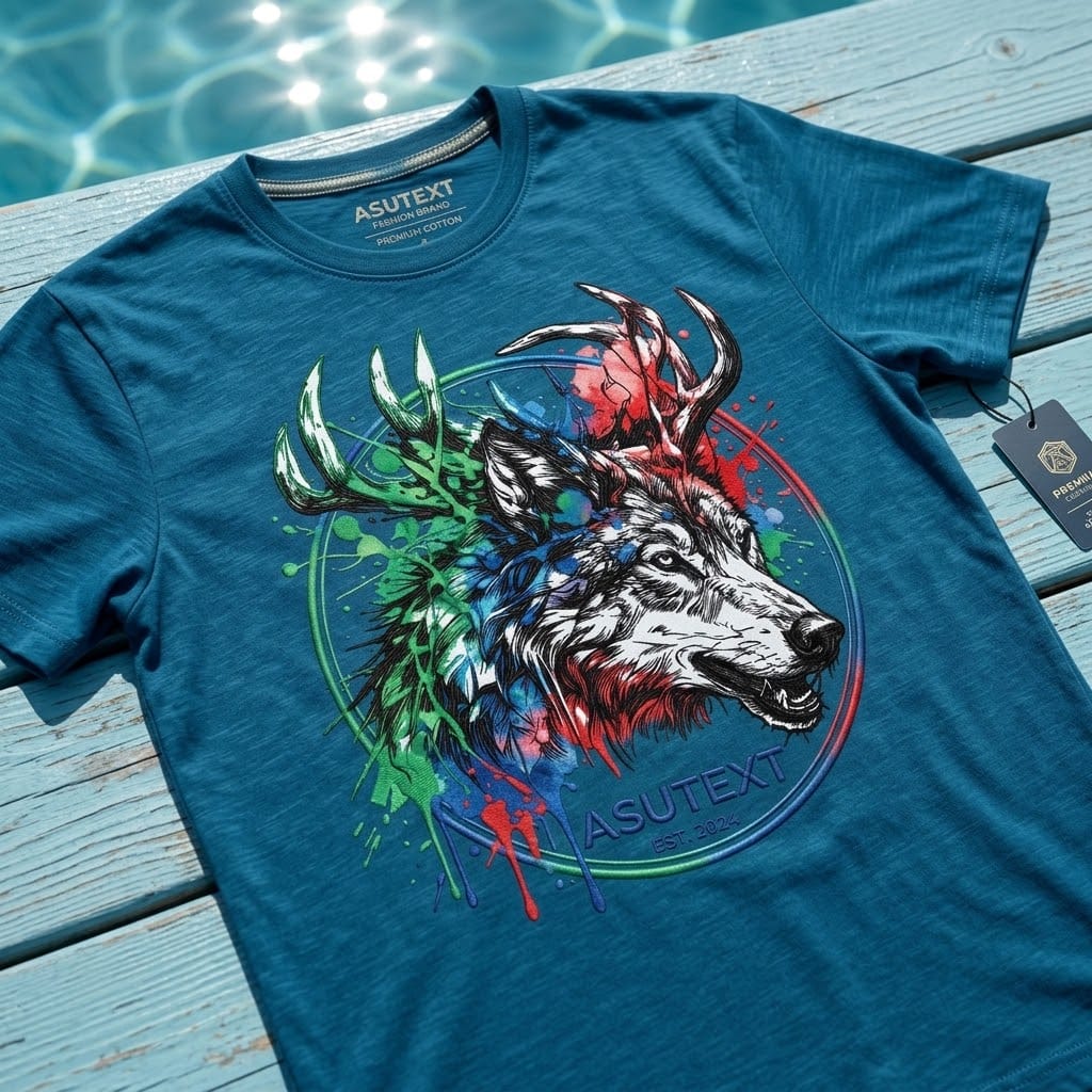 Custom blue crewneck T-shirt with graphic print