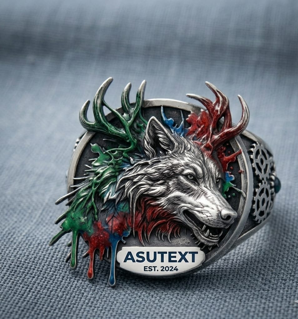 Silver wolf badge engraving detail