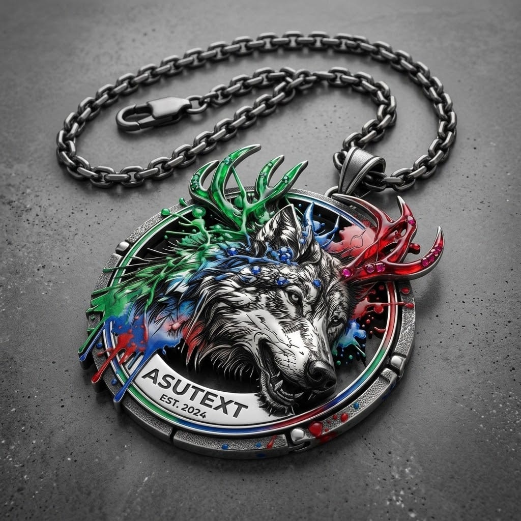 Close-up of a silver wolf pendant necklace on display