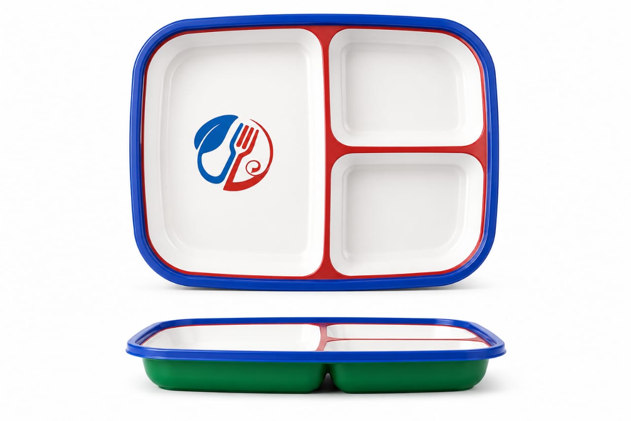 Asutext logo on compartmentalized plastic lunch tray