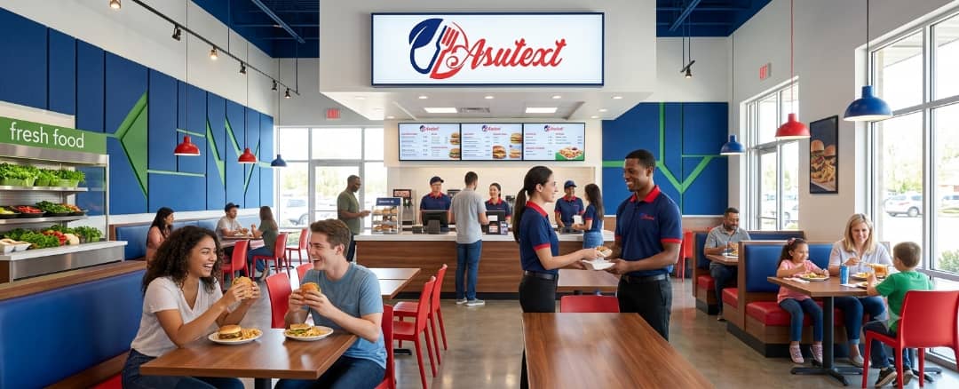 Asutext Fresh Food restaurant interior with dining customers and servers