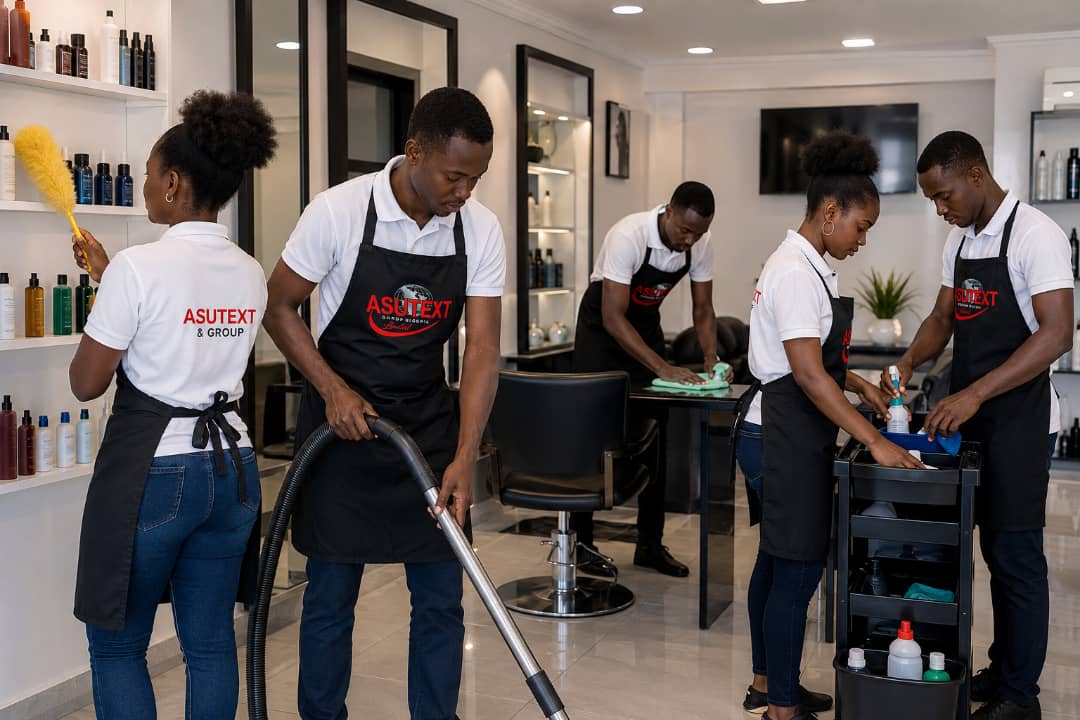 Asutext staff dusting shelves and vacuuming salon