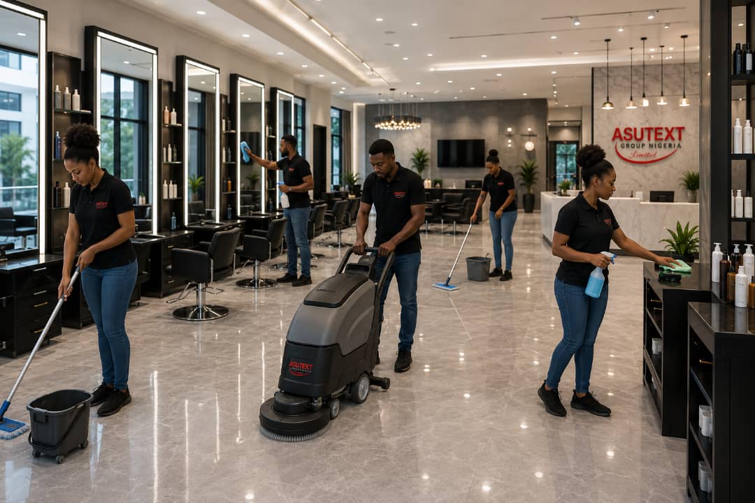 Asutext professional cleaning team cleaning a salon floor with scrubber machine
