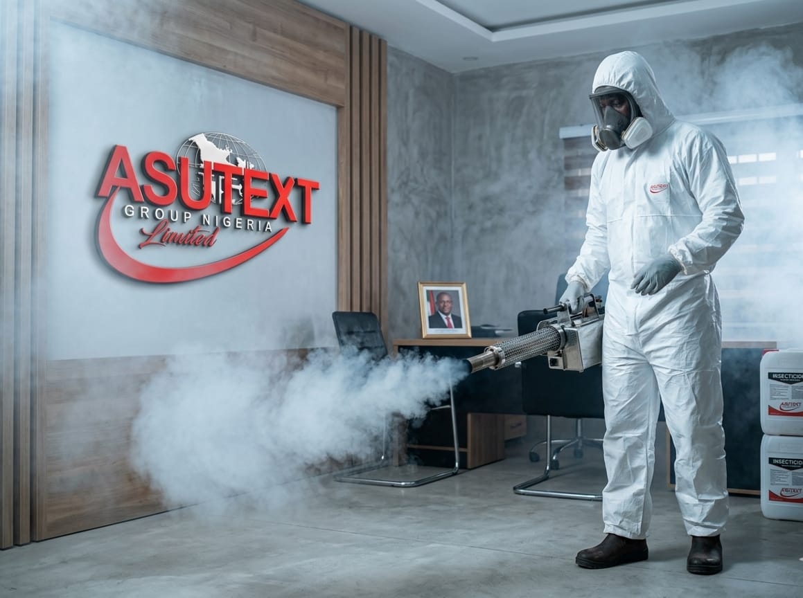 Fumigation specialist in full PPE spraying disinfectant mist in office
