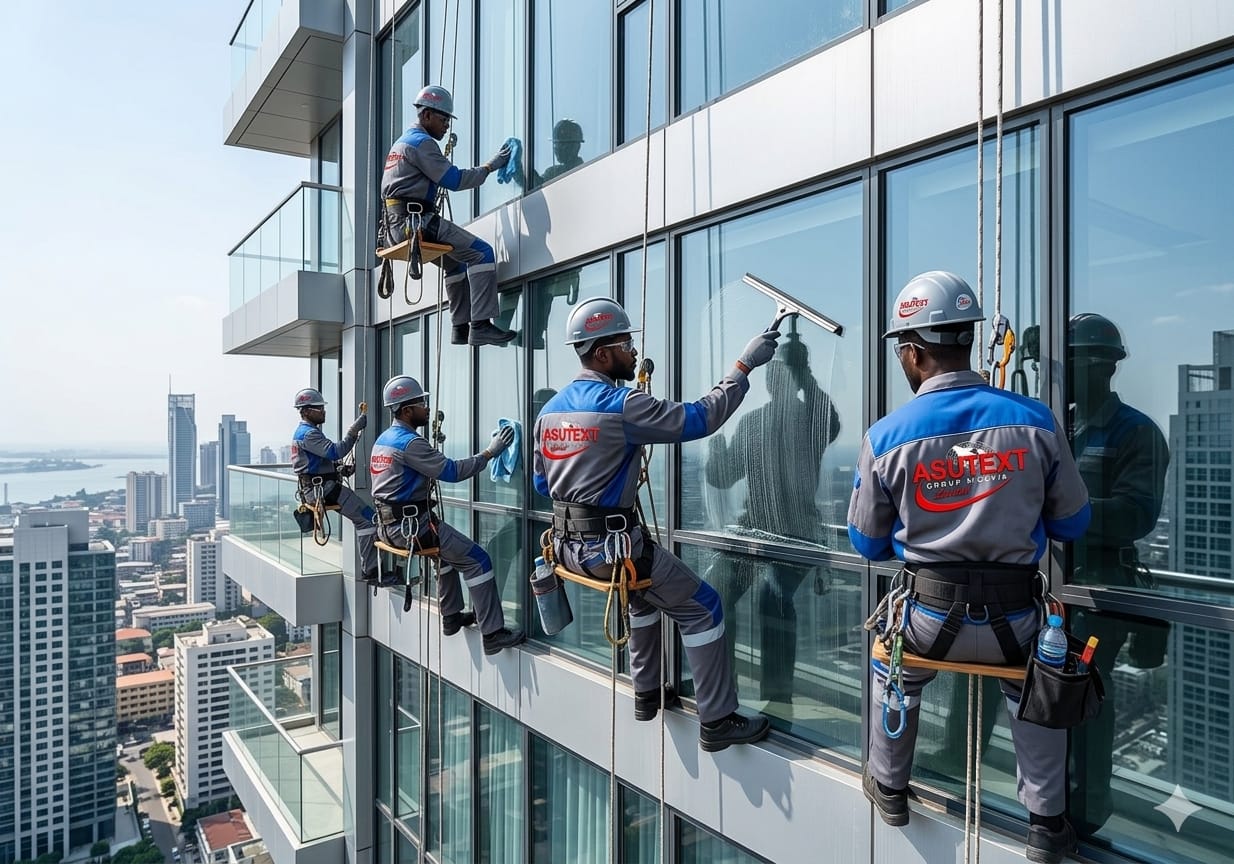 Asutext professional window cleaning team washing glass facade of high-rise building