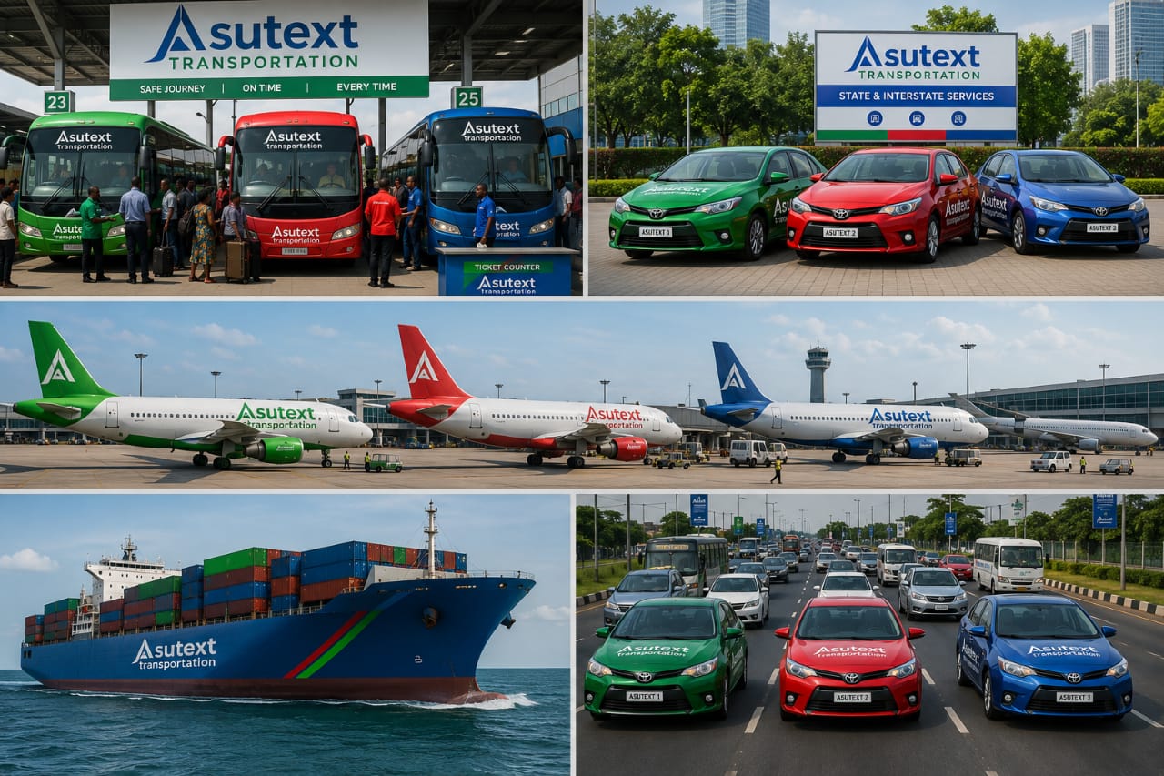 Asutext Transportation services with buses, airplanes, shipping containers