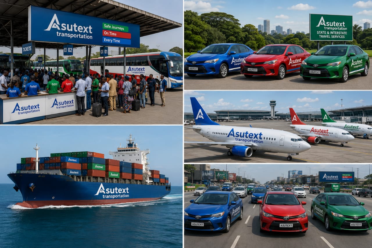 Collage of Asutext Transportation including commercial buses, cargo container ship, airplanes, and vehicles