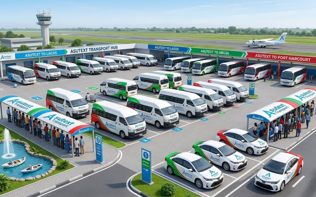 Illustration of a modern Asutext Transport terminal hub with buses and passengers